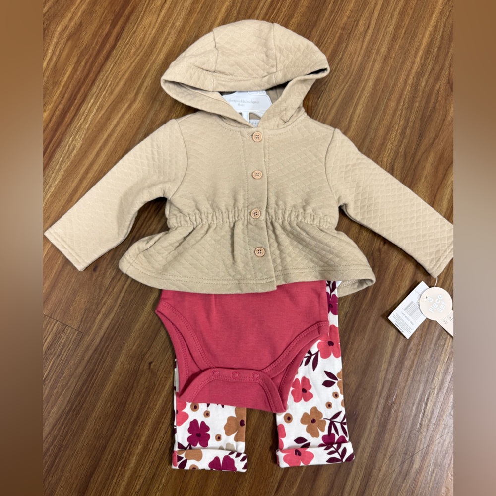 Tan Quilted Jacket with Raspberry Colored Onesies and Matching Floral Pant Set.